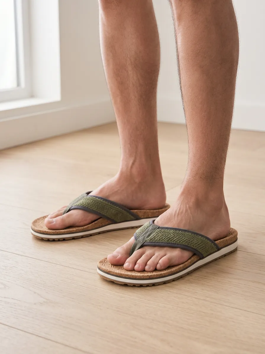 Men's Casual Olive Herringbone Pattern Printed Flip Flops