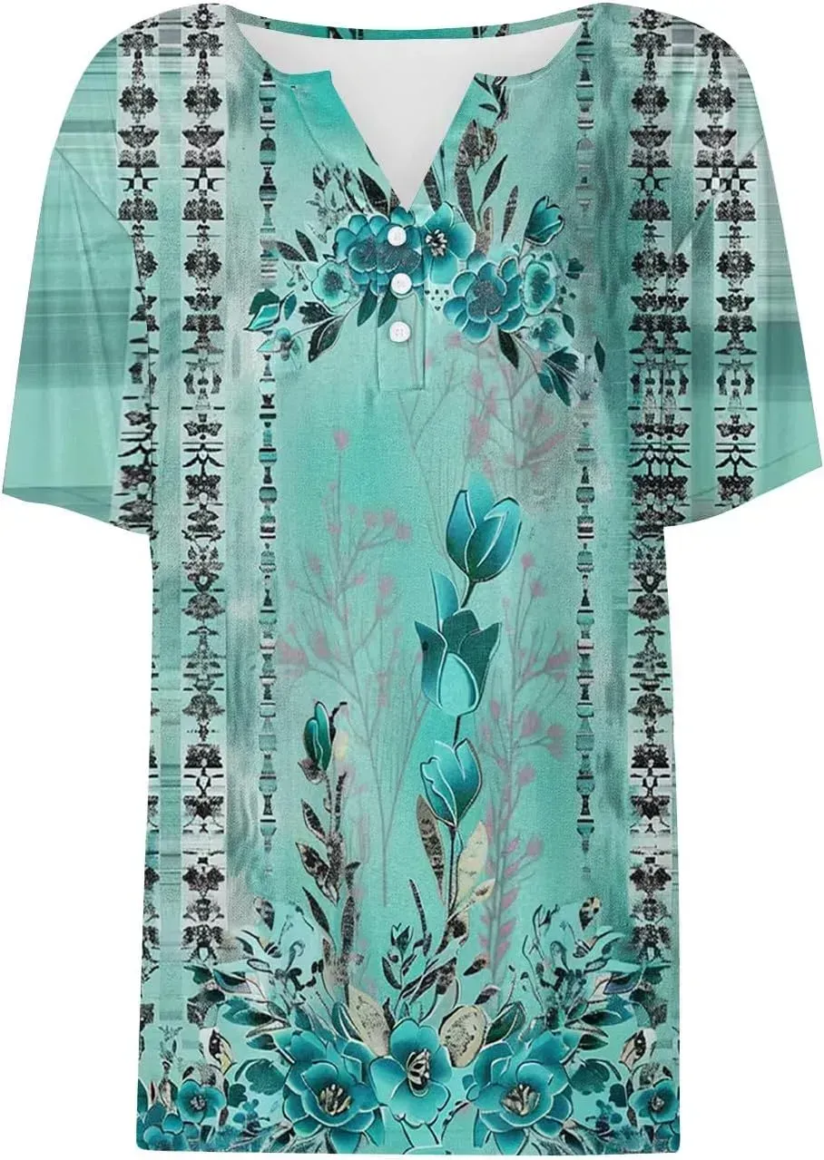 Shirts for Women Casual Printed Summer Tops Short-Sleeved Button V-Neck Tops Blouse Fashion Boho T-Shirts