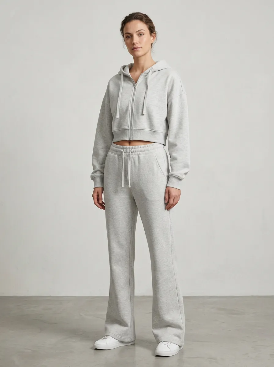Women's Weekend Sport Inspired Cropped Hooded Jacket and Flare Pants Active Set