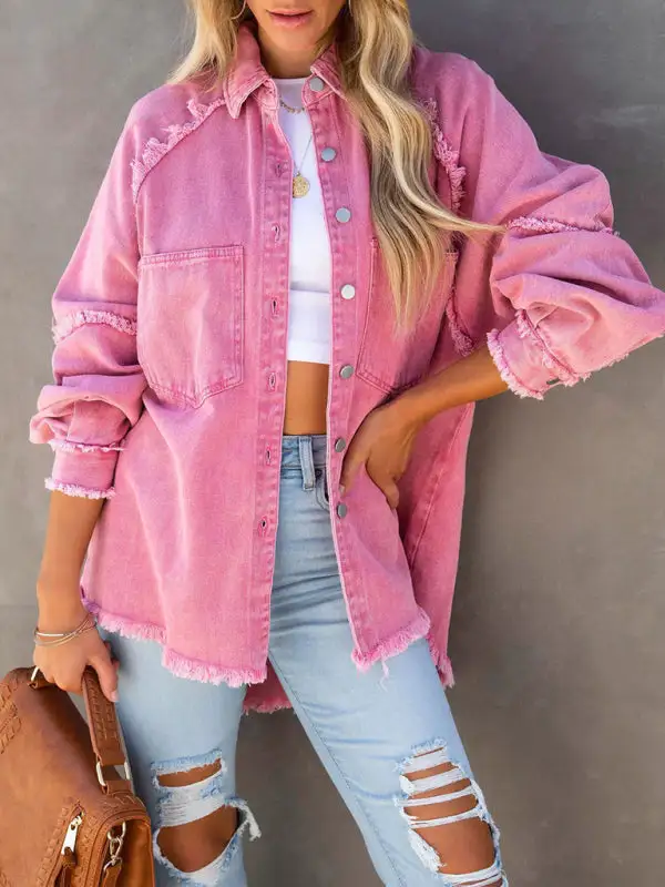 Denim Fringed Distressed Relaxed Jacket