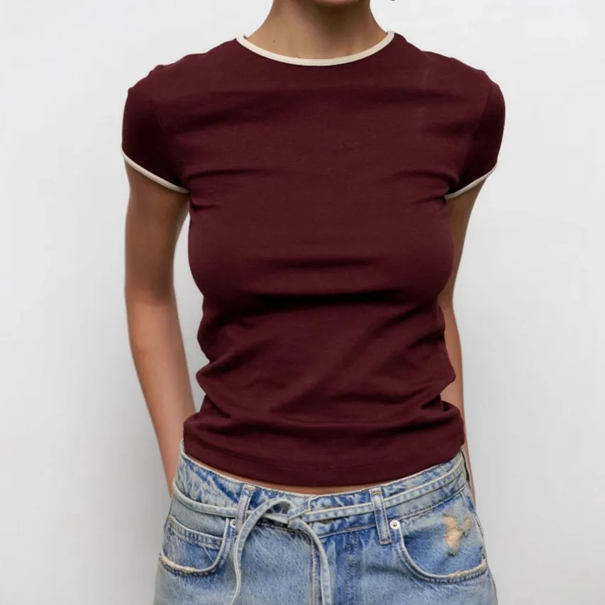 Classic Ribbed Color Block Round Neck Short Sleeve T-Shirt