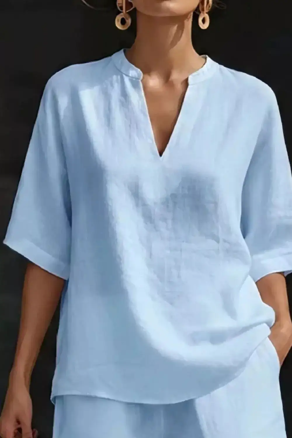 Relaxed Notched Half Sleeve Top and Shorts Set