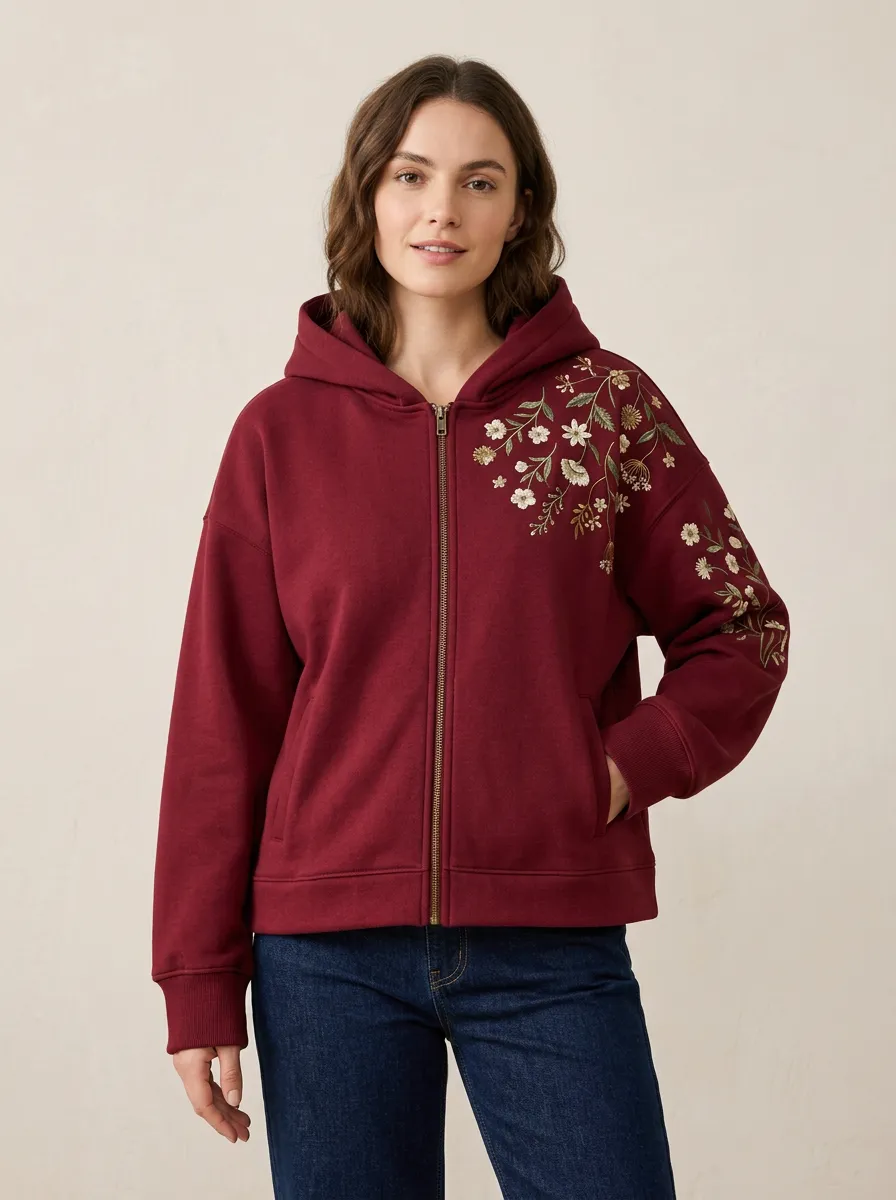 Women's Everyday Floral Embroidered Zip Front Hoodie