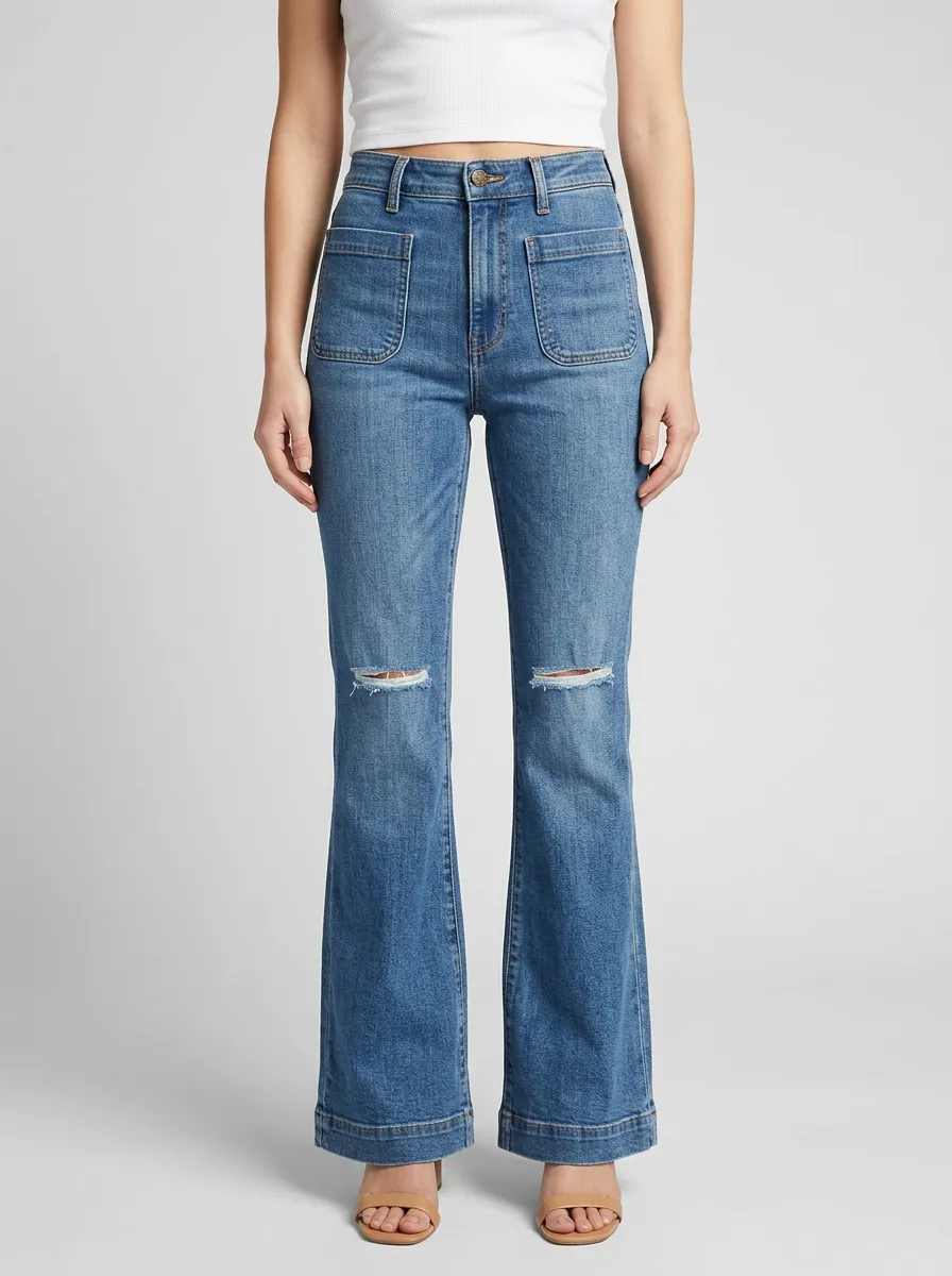 Women's High-Rise Square Patch-Pocket Frayed-Knee Subtle-Flare Jeans