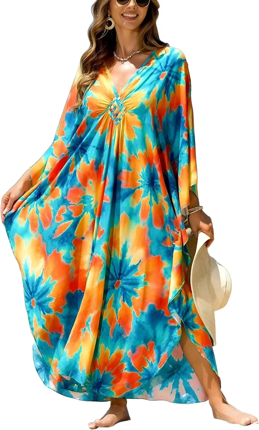 IMAGEKOPE Kaftan Dresses for Women Plus Size V-Neck Moo Moos Batwing Kaftan Beach Dress Bathing Suit Cover-Up Loungewear