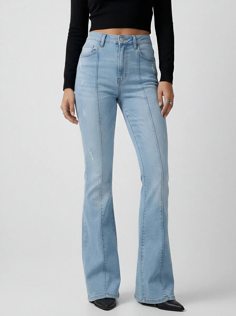High-Waist Distressed Seamed Women's High-Waist Stretch Flare Jeans