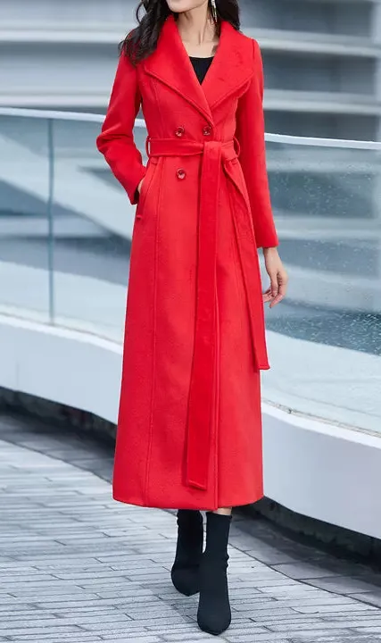 Wool Blend Fit and Flare Double Breasted Belted Lapel Collar Coat