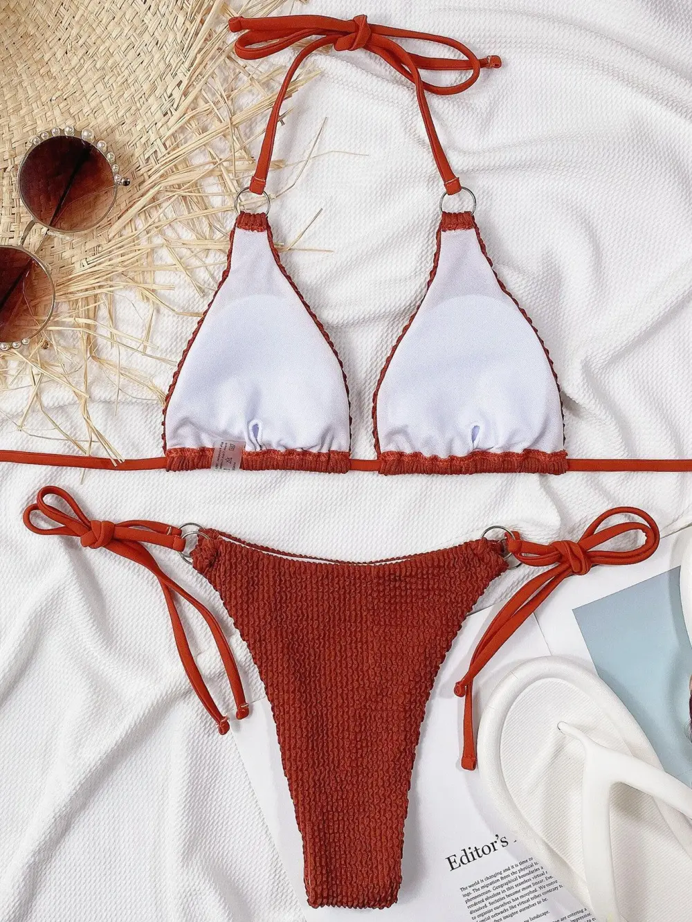 Textured Halter Neck Tie Side Bikini Swim Set