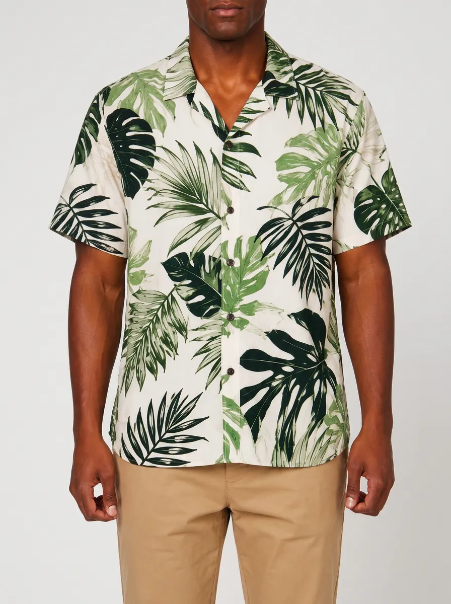 Men's Tropical Summer Vacation Monstera Leaf Printed Aloha Shirt