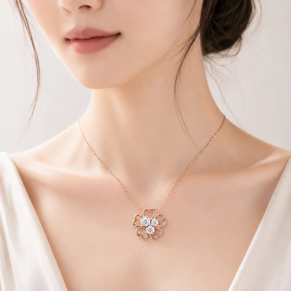 Designed with four delicate heart-shaped petals and sparkling stones, this elegant clover necklace adds the perfect finishing touch to any look.