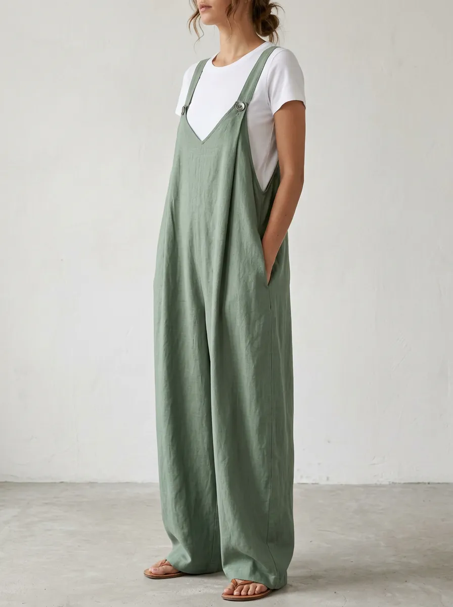 Women's Deep-V Button-Strap Wide-Leg Overall Jumpsuit
