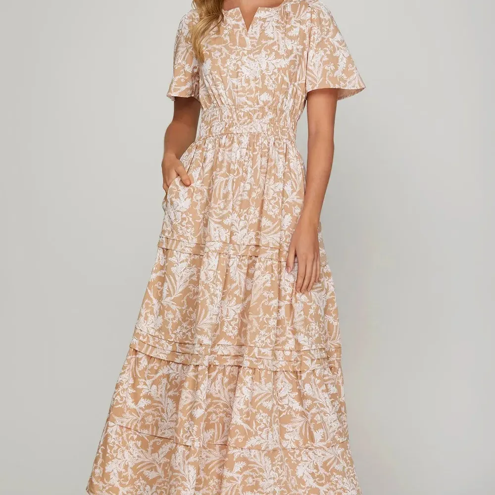 Printed Notched Woven Tiered Pintuck Maxi Dress with Side Pockets