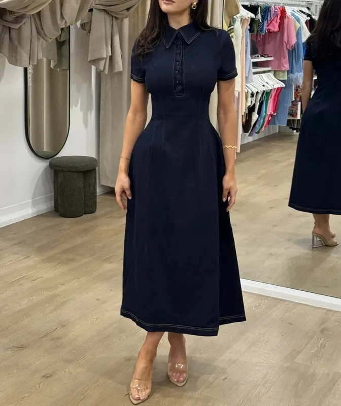 Dark Blue Denim Collared Midi Dress