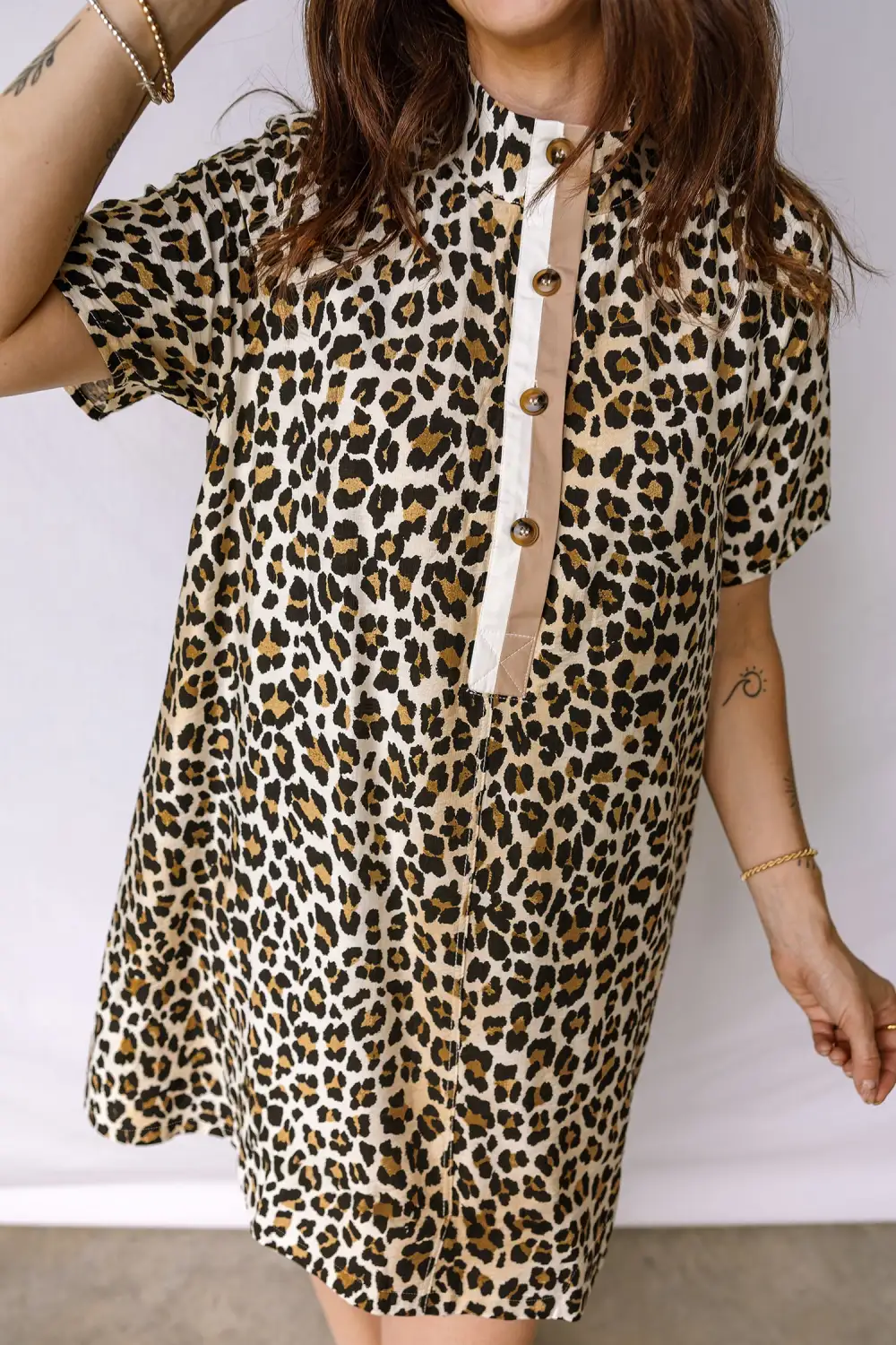 Women's Leopard Print Short Sleeve Loose Fit Half Button Mini Dress