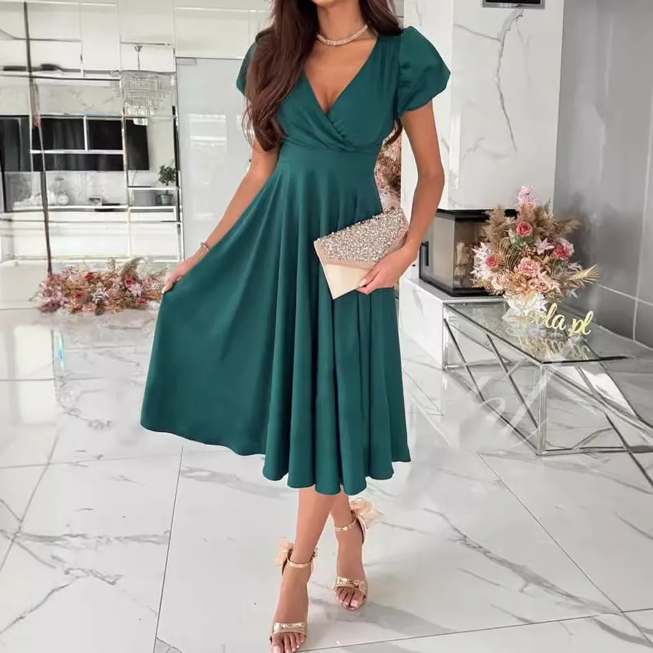 Women's A-Line V-Neck Puff-Sleeve Bridal Dress