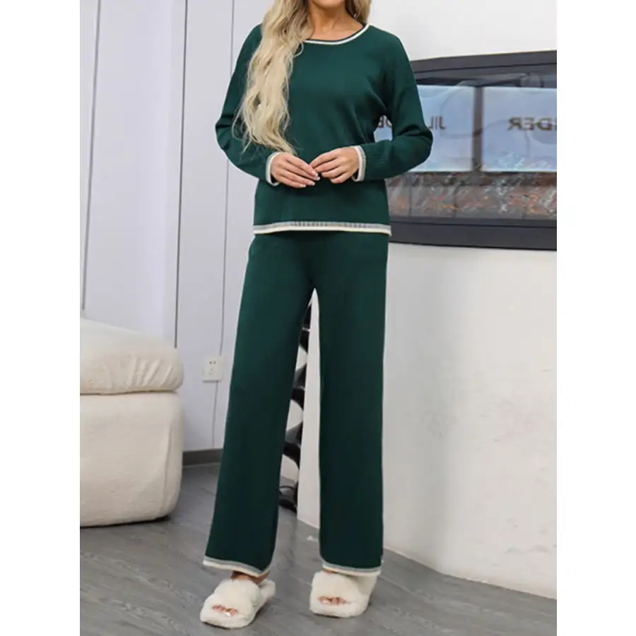 Contrast Trim Round Neck Top and Pants Sweater Set