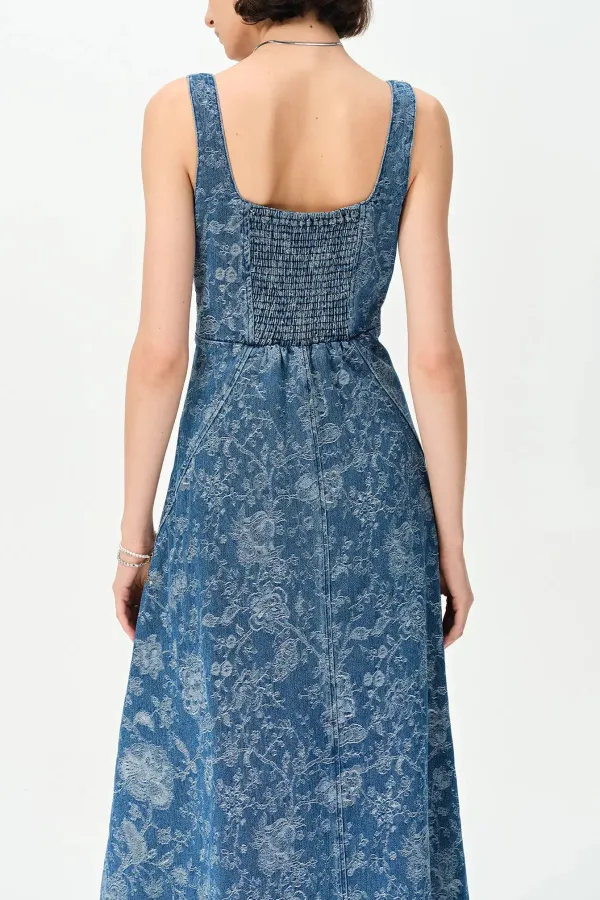 Floral Laser Cut Cotton Denim Maxi Dress