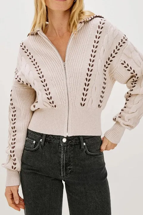 Women's Beige Zip Front Knit Sweater
