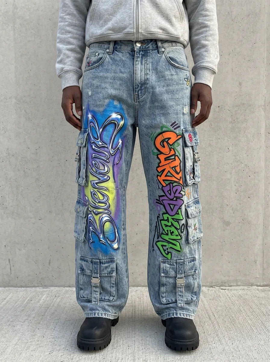Men's Graffiti Art Acid Wash Graphic Cargo Jeans