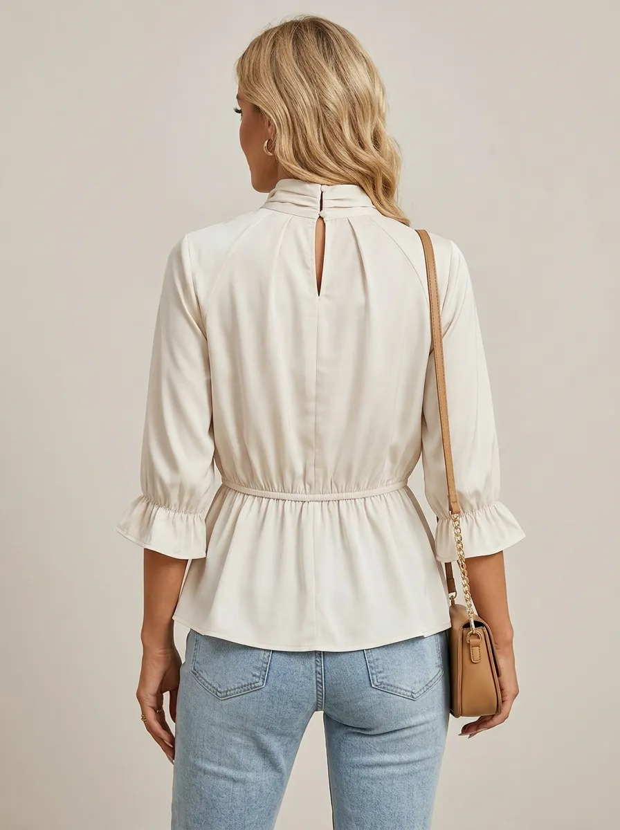 Mock Neck Ruffle Sleeve Peplum Blouse