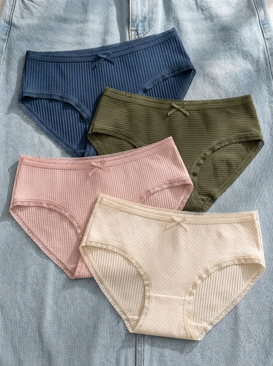 Women's Ribbed Cotton Lace Trim Bowknot Multi-pack Panties