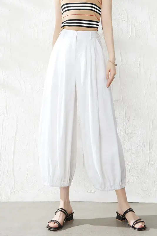 Classic Linen Wide Leg Cropped Elastic Waist Pocketed Trousers