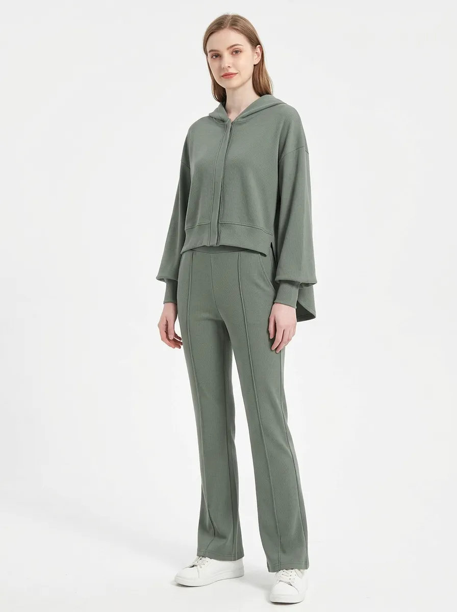 Women's Sage Green Solid Color Casual Hoodie and Pants Set
