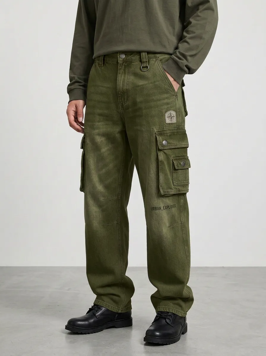 Men's Urban Explorer Compass Patch Detail Denim Cargo Jeans