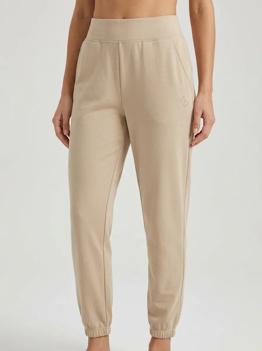 Women's Casual Minimalist Beige Leaf Logo Embroidered Joggers