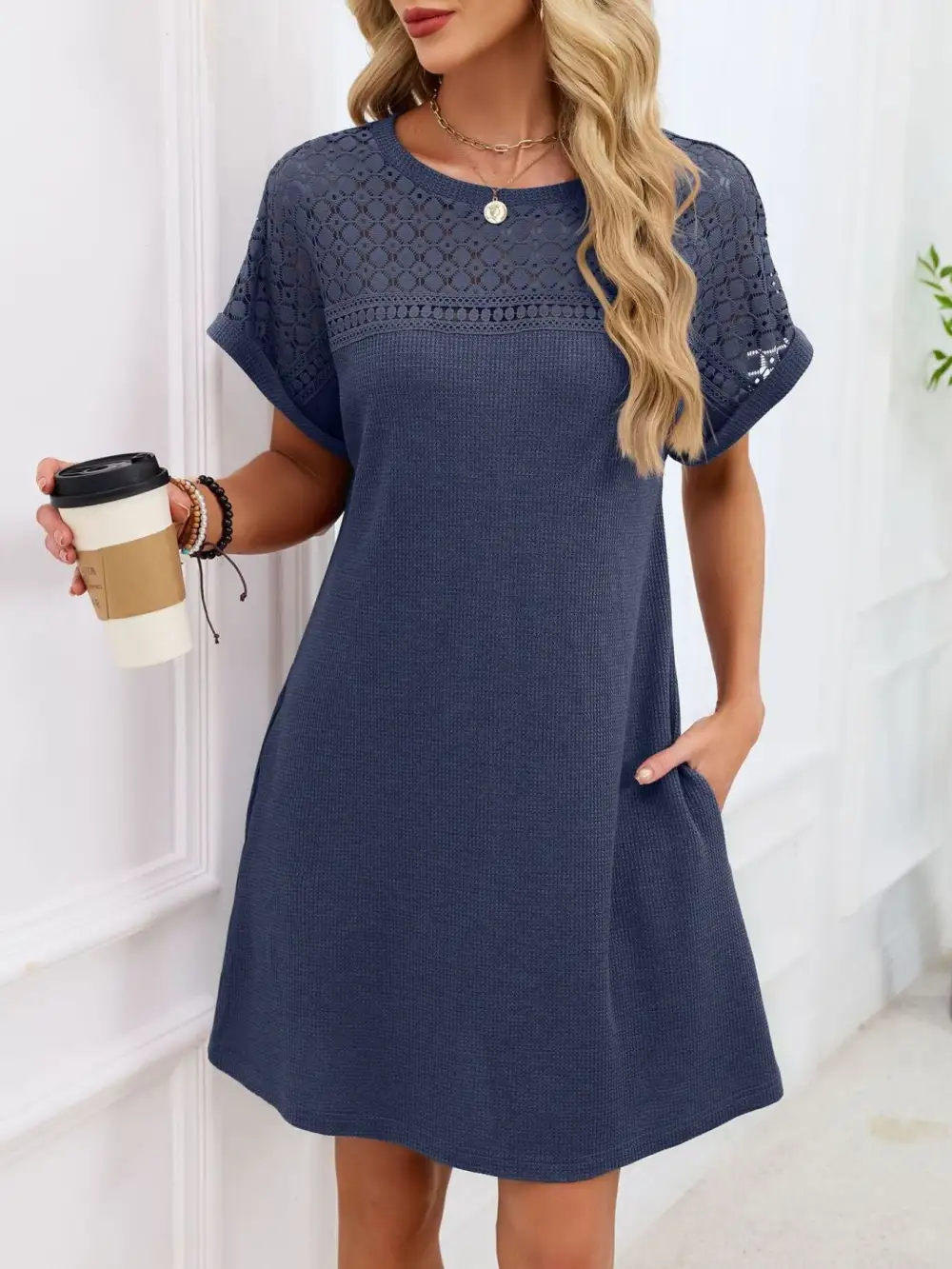 Lace Round Neck Short Sleeve Shirt Dress