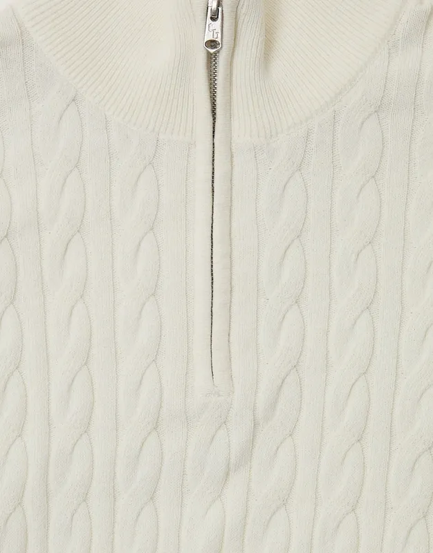 Ecru Cable-Knit Quarter-Zip Sweater