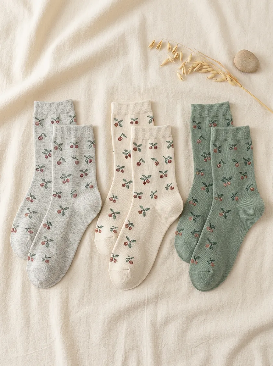 Women's Cherry Ribbed 3-Pack Crew Socks