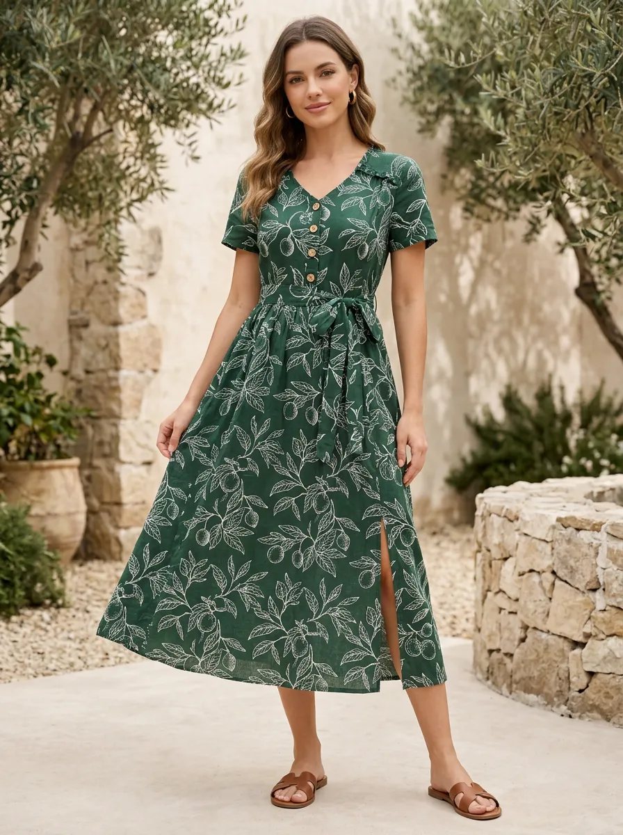 Women's Botanical Branch Botanical Branch Effortless V Neck Button Front Printed Dress
