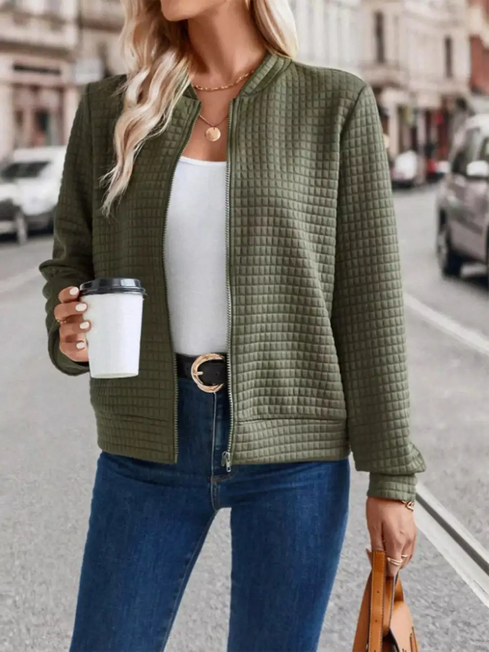 Textured Zip-up Long Sleeve Jacket