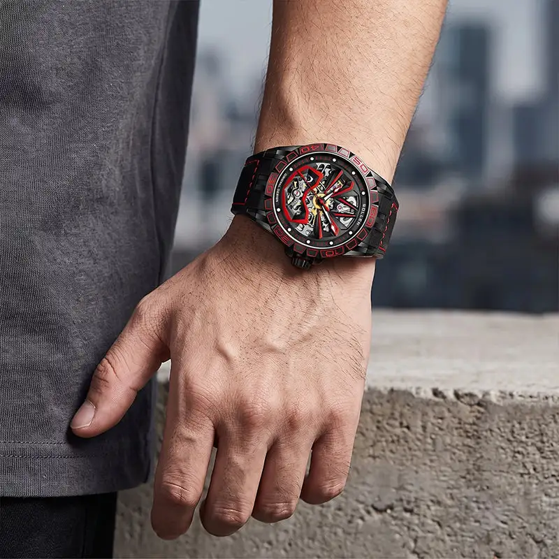 Sollen SL328 Men's Skeleton Automatic Mechanical Watch - 43mm 316L Stainless Steel Case Sapphire Crystal Multi-Layer Dial Leather-Pattern Silicone Strap Wristwatch