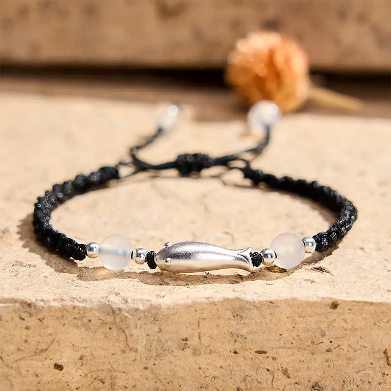 Sterling Silver Koi Fish Agate Braided Rope Bracelet