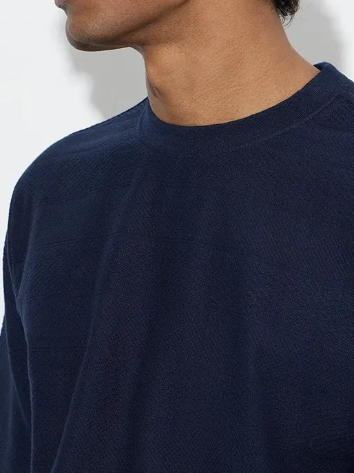 Navy Plain Loose Cotton-Blend T-Shirt