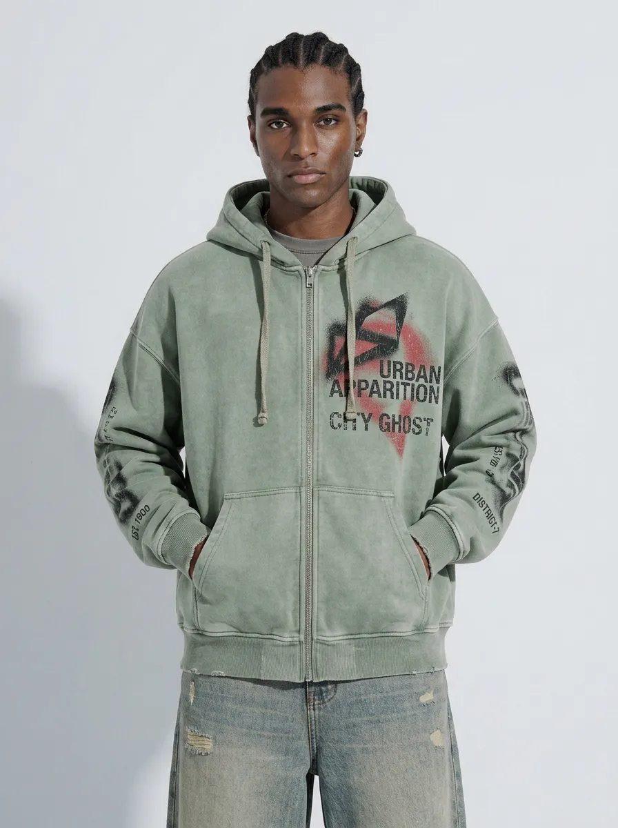 Men's Streetwear Urban Apparition City Ghost Spray Printed Zip-up Hoodie