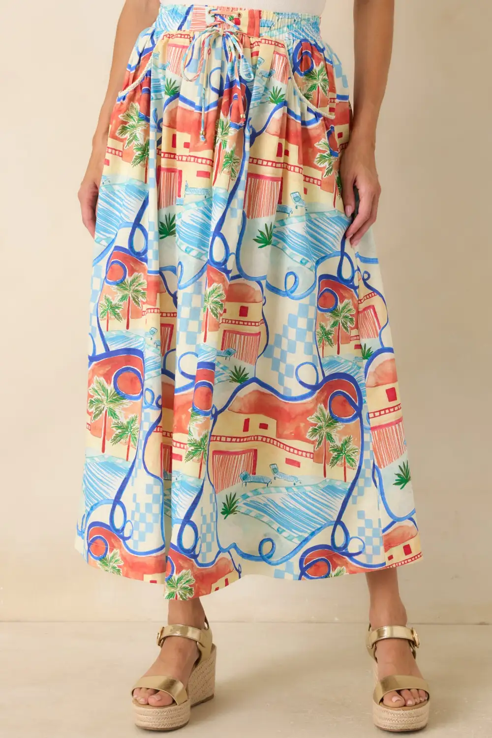 Multicolor Poolside Print Midi Skirt