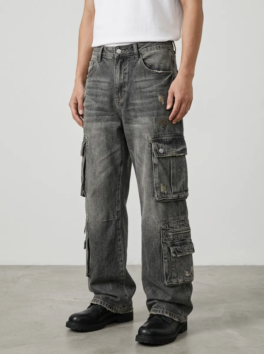 Men's Vintage Wash Distressed Multi-Pocket Cargo Jeans