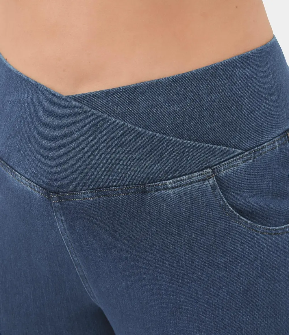 Magic High Waisted Crossover Pocket Cool Touch Breathable Washed Stretchy Knit Plus Size Casual Super Flare Jeans