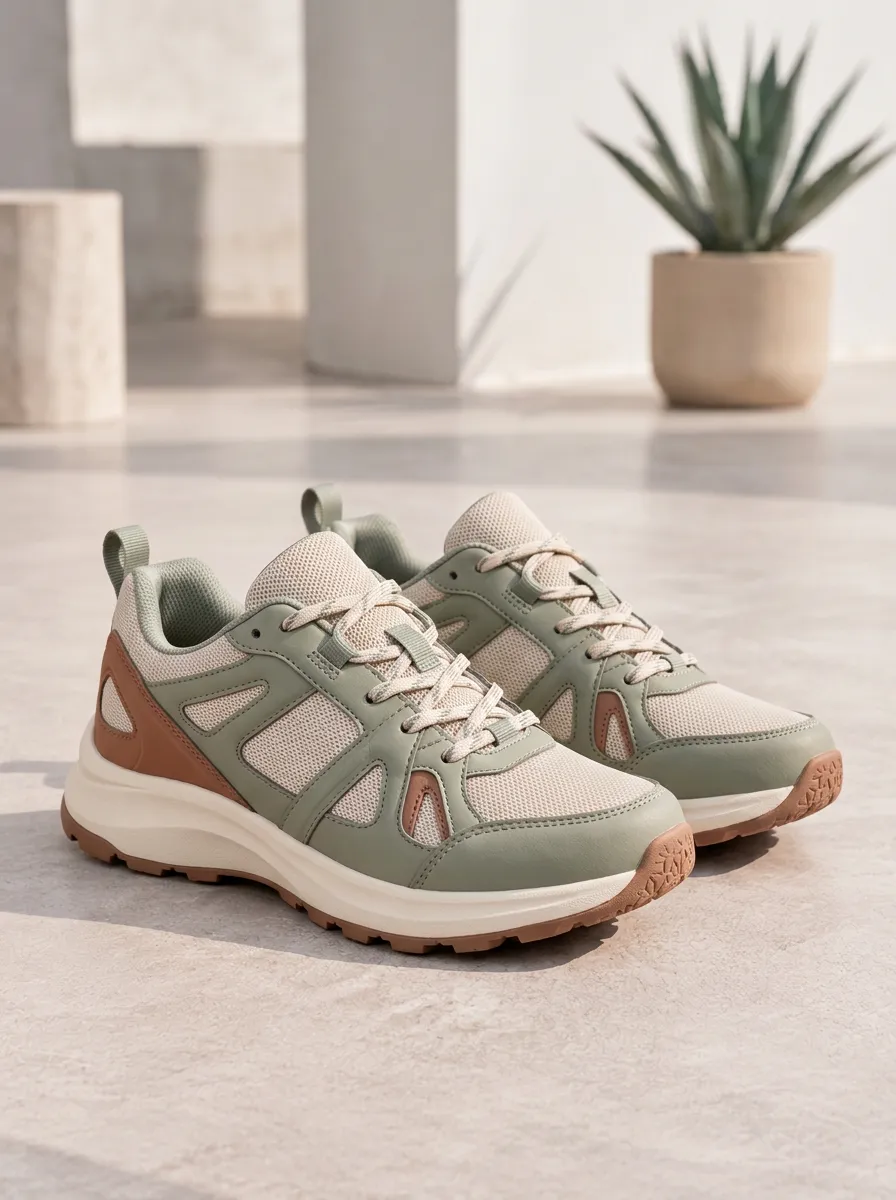 Women's Pathway Sage Green Brown Mesh Patterned Everyday Sneakers