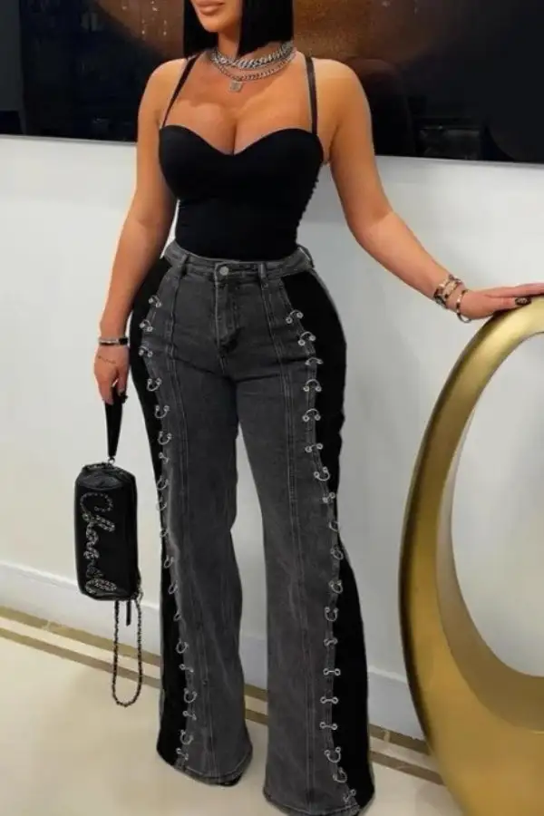 Colorblock Metal Decor Punk Micro Flared Jeans