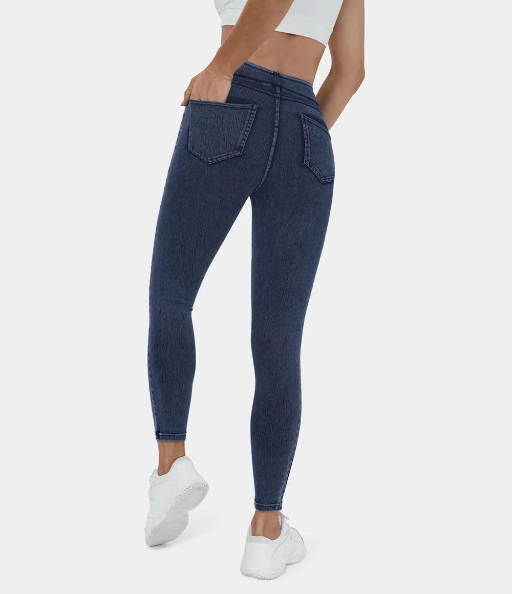 Magic High Waisted Back Side Pocket Stretchy Knit Denim Casual Leggings
