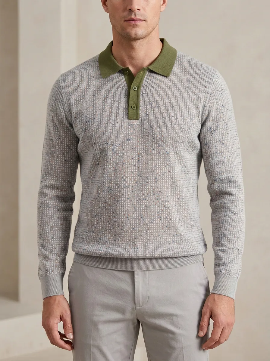 Men's Casual Vintage Dotted Texture Knitted Long Sleeve Polo Shirt