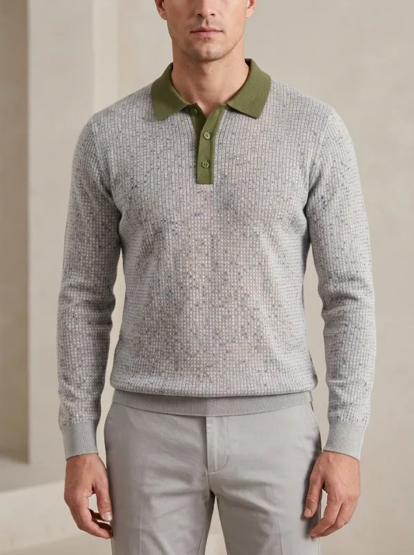 Men's Casual Vintage Dotted Texture Knitted Long Sleeve Polo Shirt