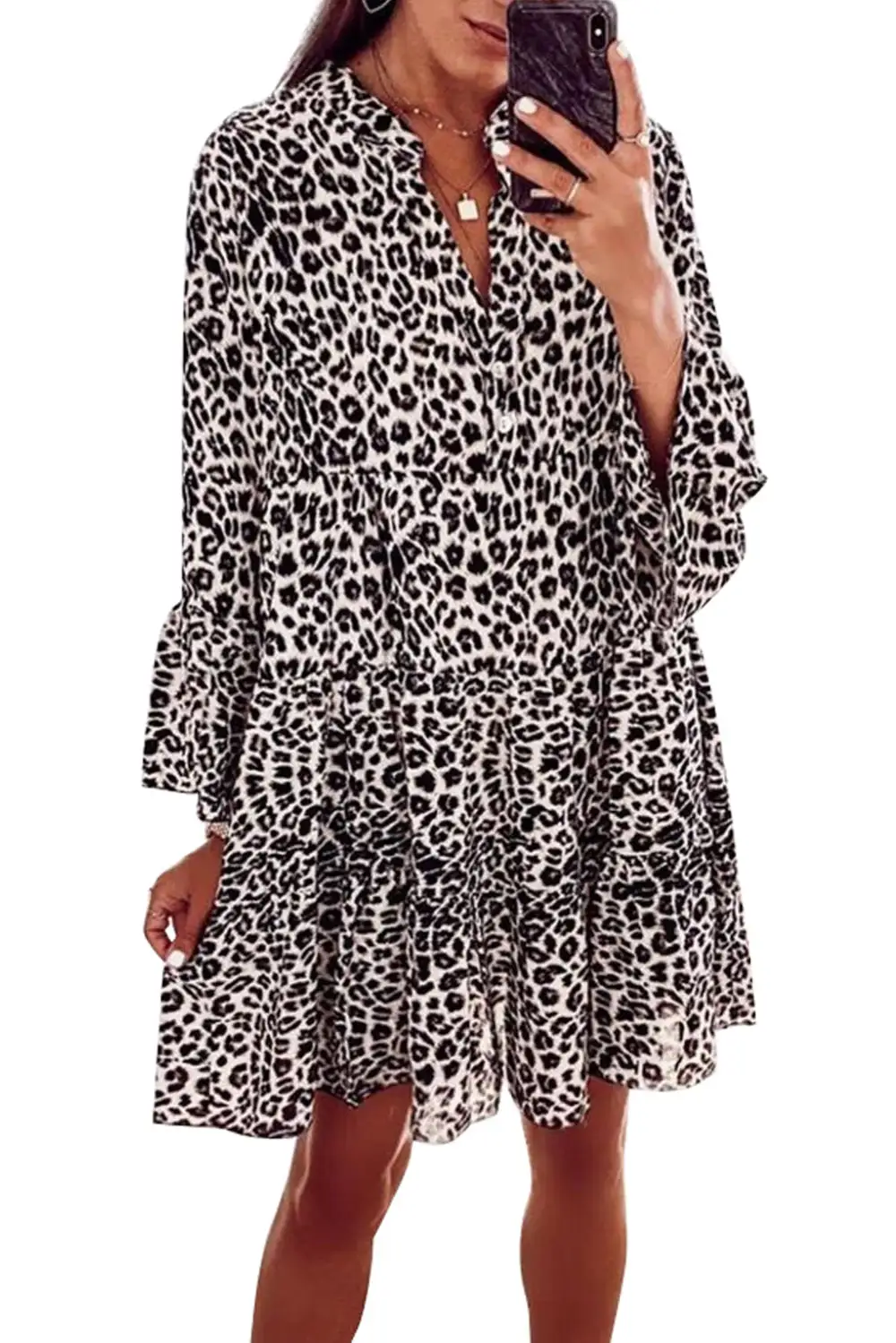 Print V Neck Ruffle Swing Mini Dress