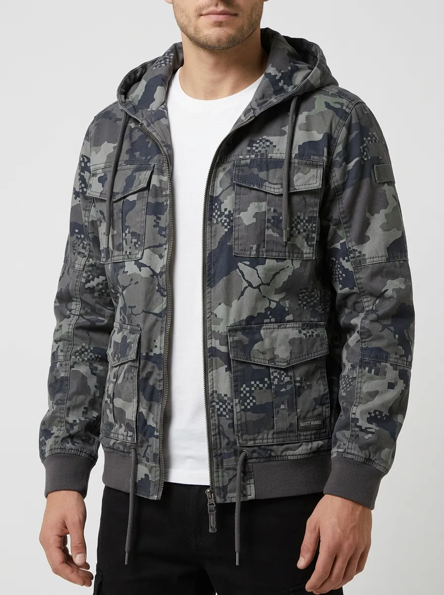 Men's Pixel Camo Hooded Utility Jacket