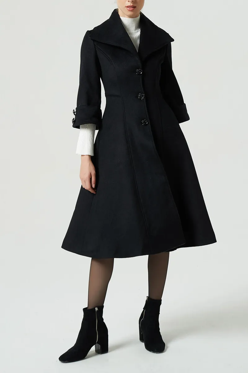 Wool Blend Tailored Lapel Collar Pocketed Midi Coat