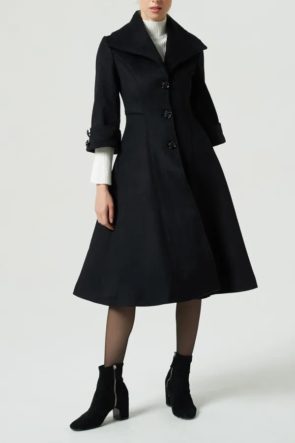 Wool Blend Tailored Lapel Collar Pocketed Midi Coat